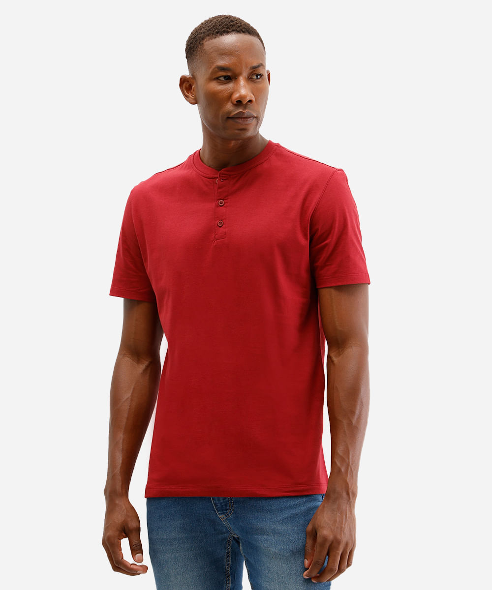 camiseta básica masculina de algodão com botão vinho