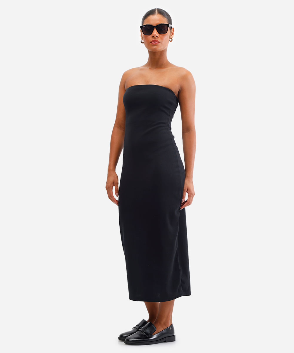 vestido longo sem alça canelado preto