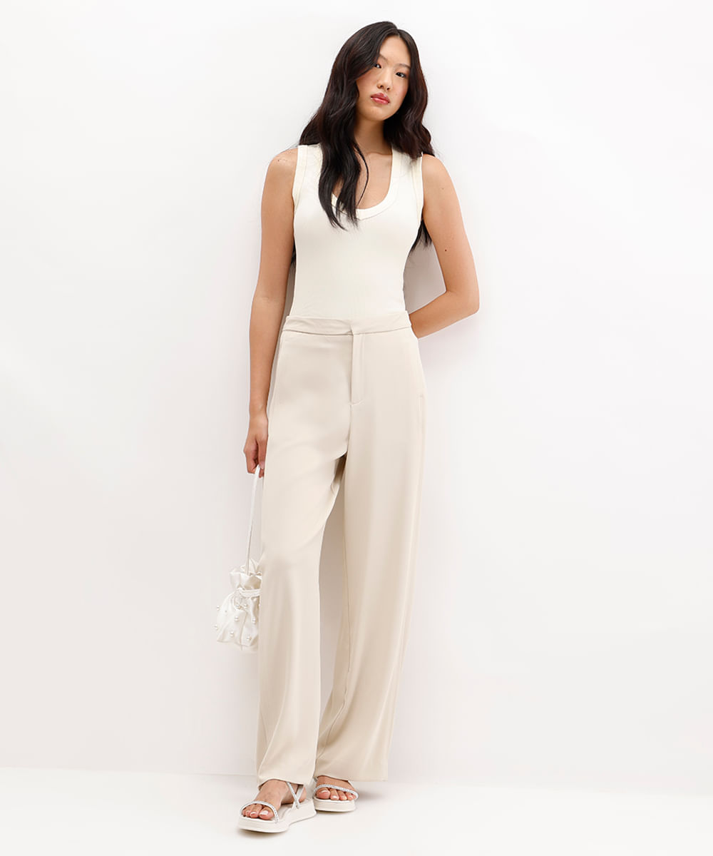 regata feminina de viscose decote v canelada off white