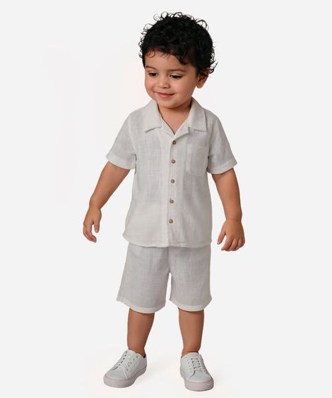 conjunto de algodão texturizado camisa manga curta off white