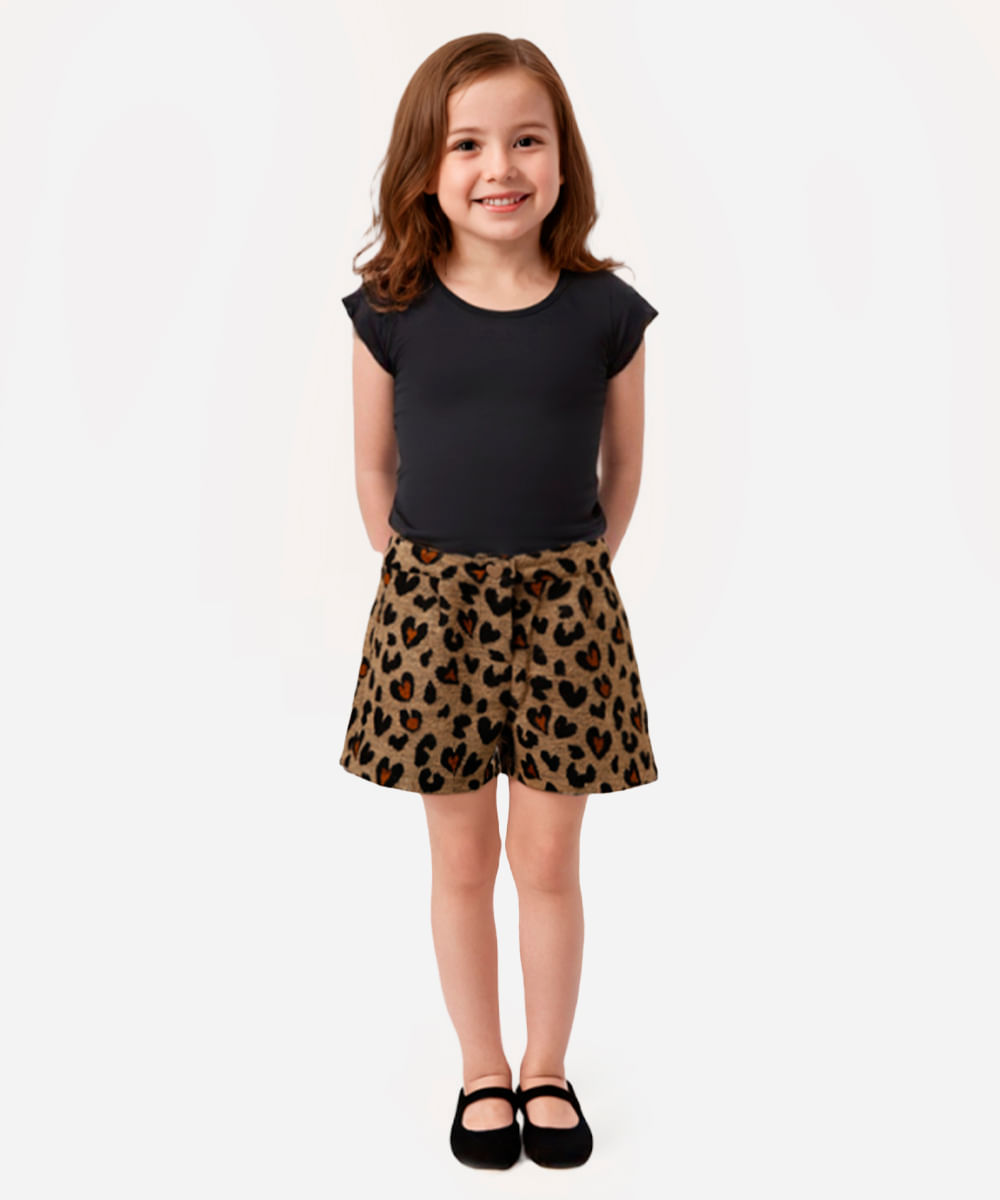 short flanelado infantil animal print bege