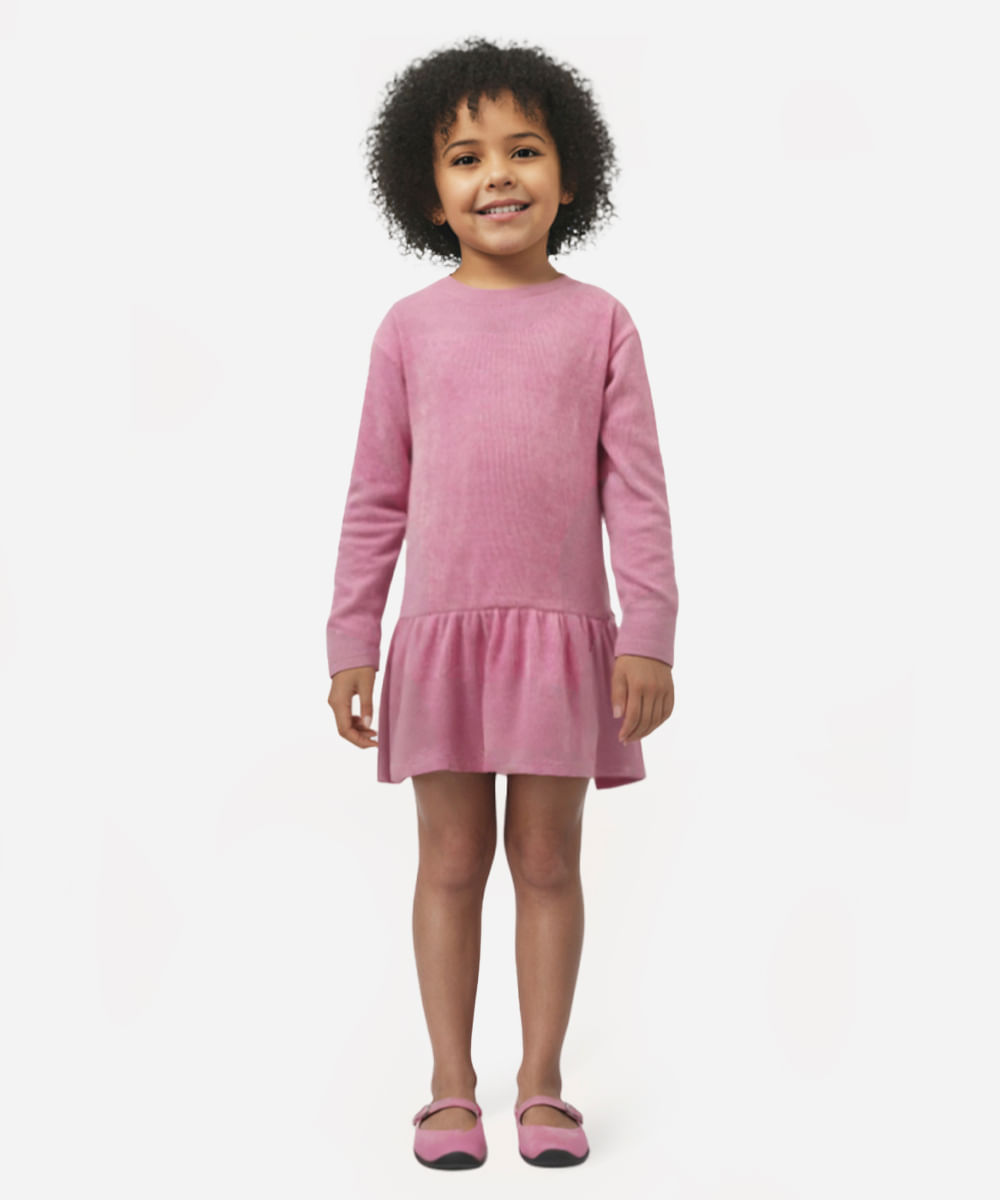 vestido de tricot chenille infantil com brilho rosa