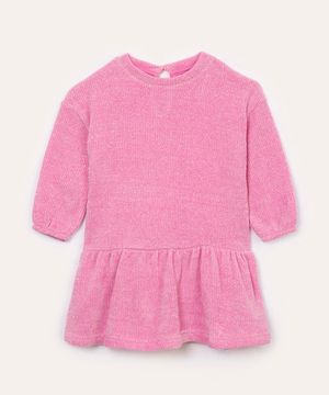 vestido de tricot chenille infantil com brilho rosa
