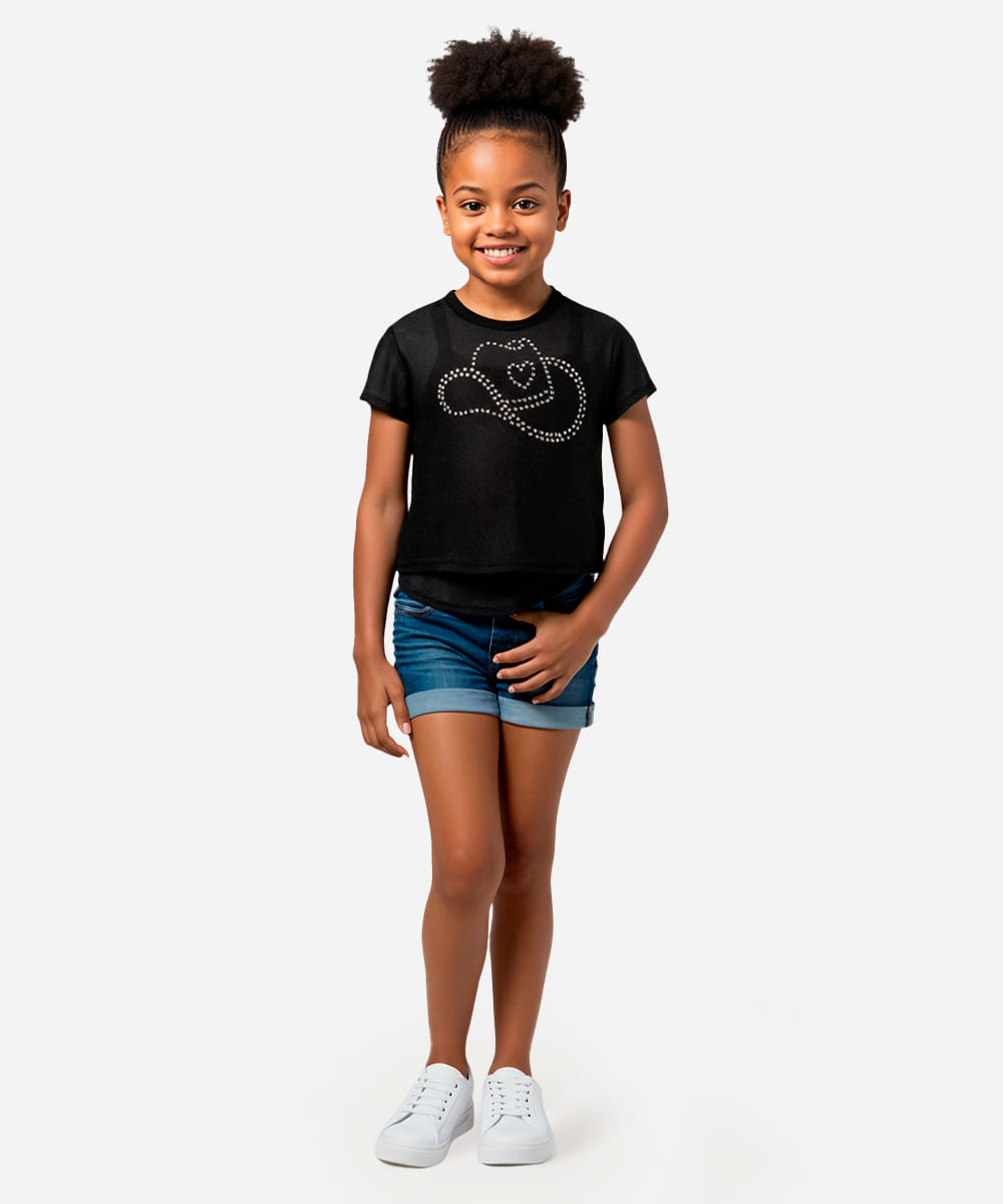 blusa de tule good vibes brilho manga curta preta