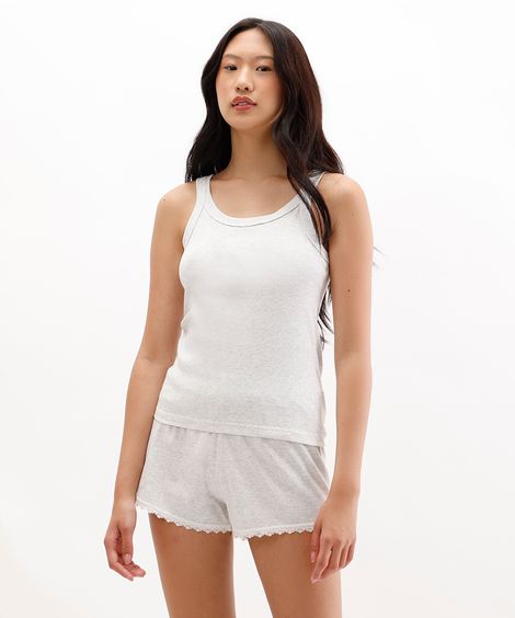 short de pijama canelado com renda cinza