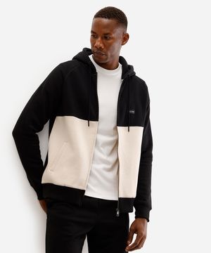 jaqueta masculina de moletom com capuz bicolor preta