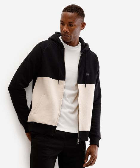 jaqueta masculina de moletom com capuz bicolor preta