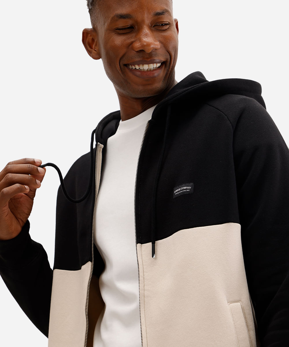 jaqueta masculina de moletom com capuz bicolor preta