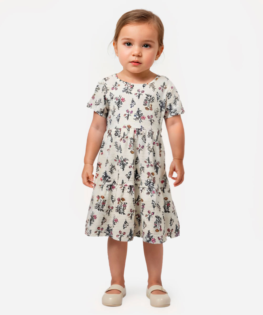 vestido infantil de algodão floral off white
