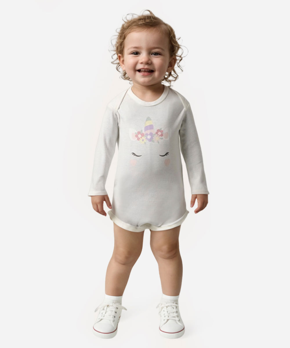 body de algodão infantil manga longa unicórnio off white