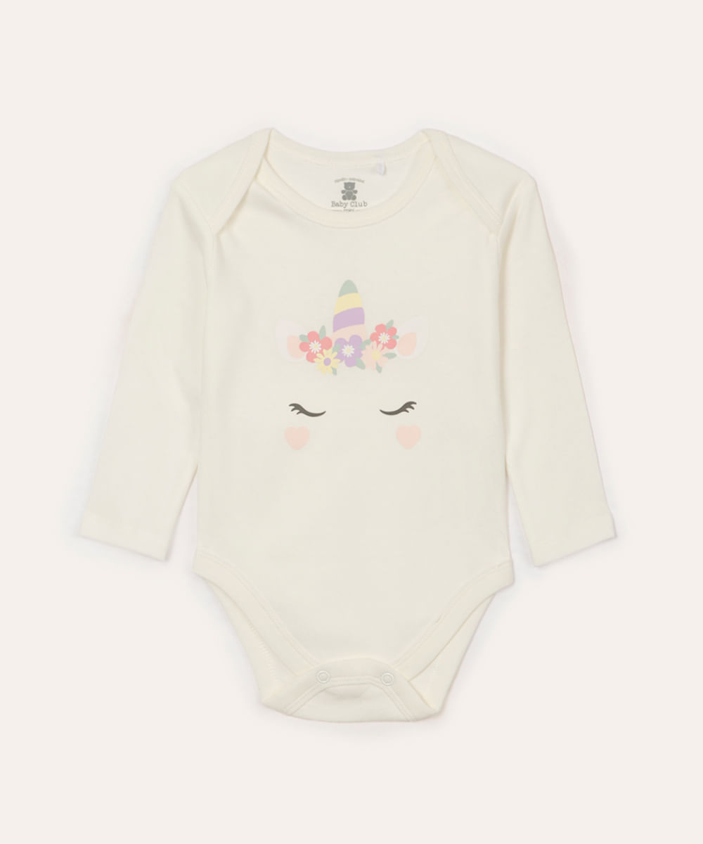 body de algodão infantil manga longa unicórnio off white
