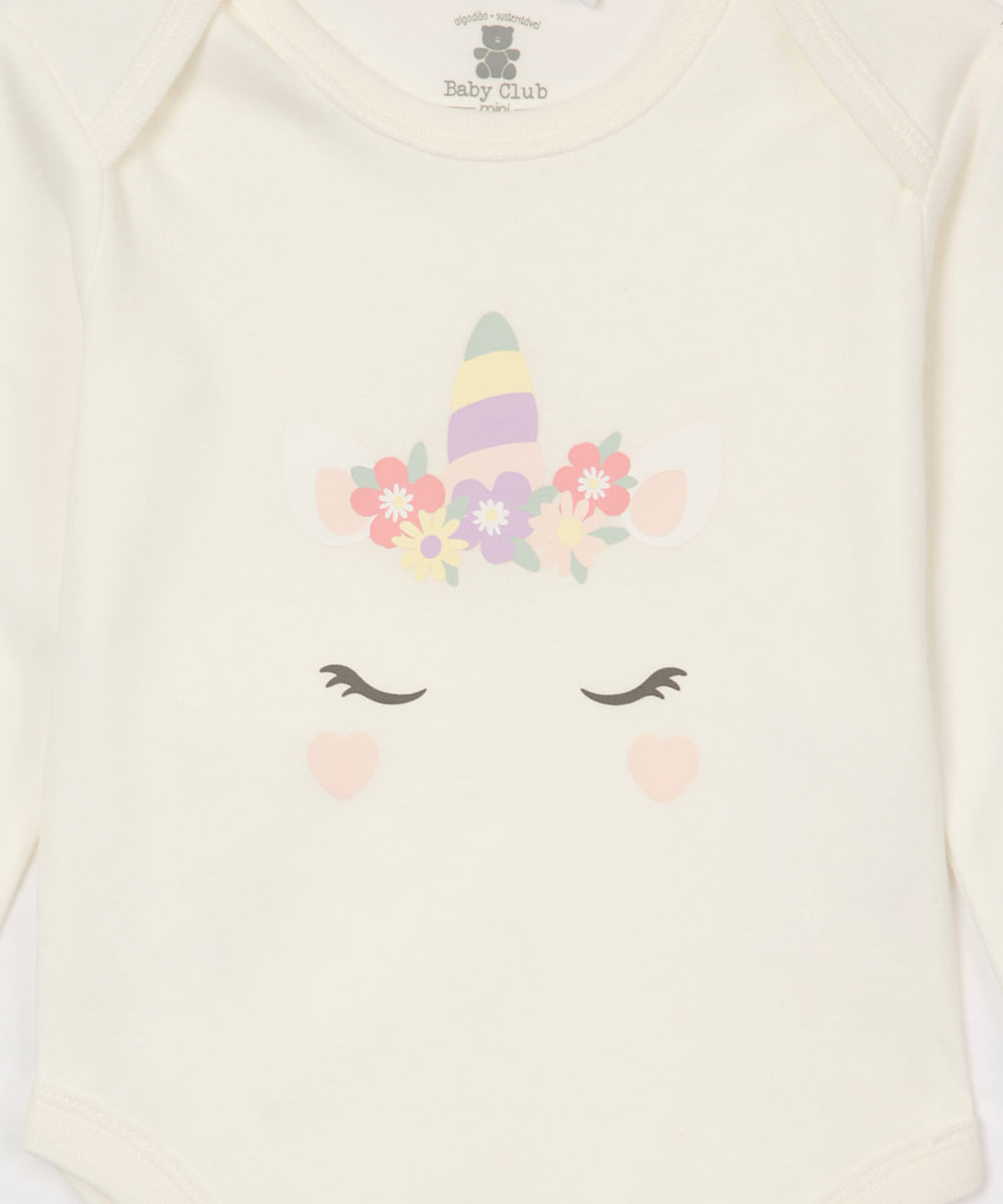 body de algodão infantil manga longa unicórnio off white