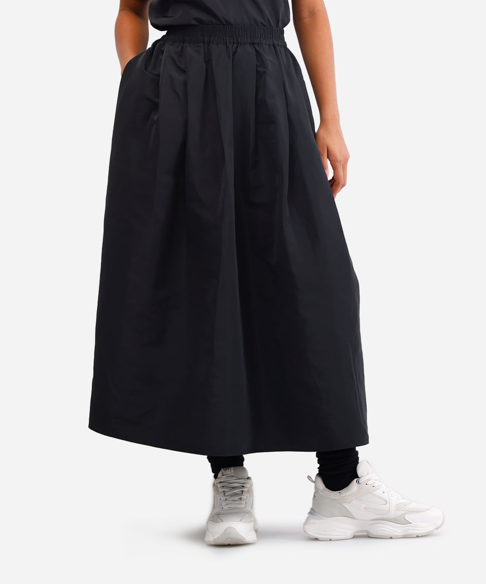 saia midi feminina com pregas preta