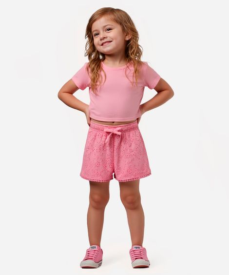 short infantil de algodão com laise rosa