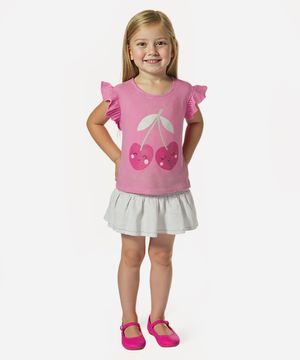 blusa de algodão infantil cereja com babado rosa