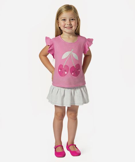 blusa de algodão infantil cereja com babado rosa