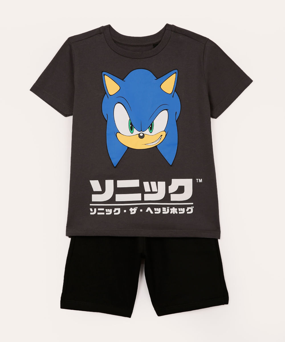 conjunto curto de algodão infantil sonic cinza