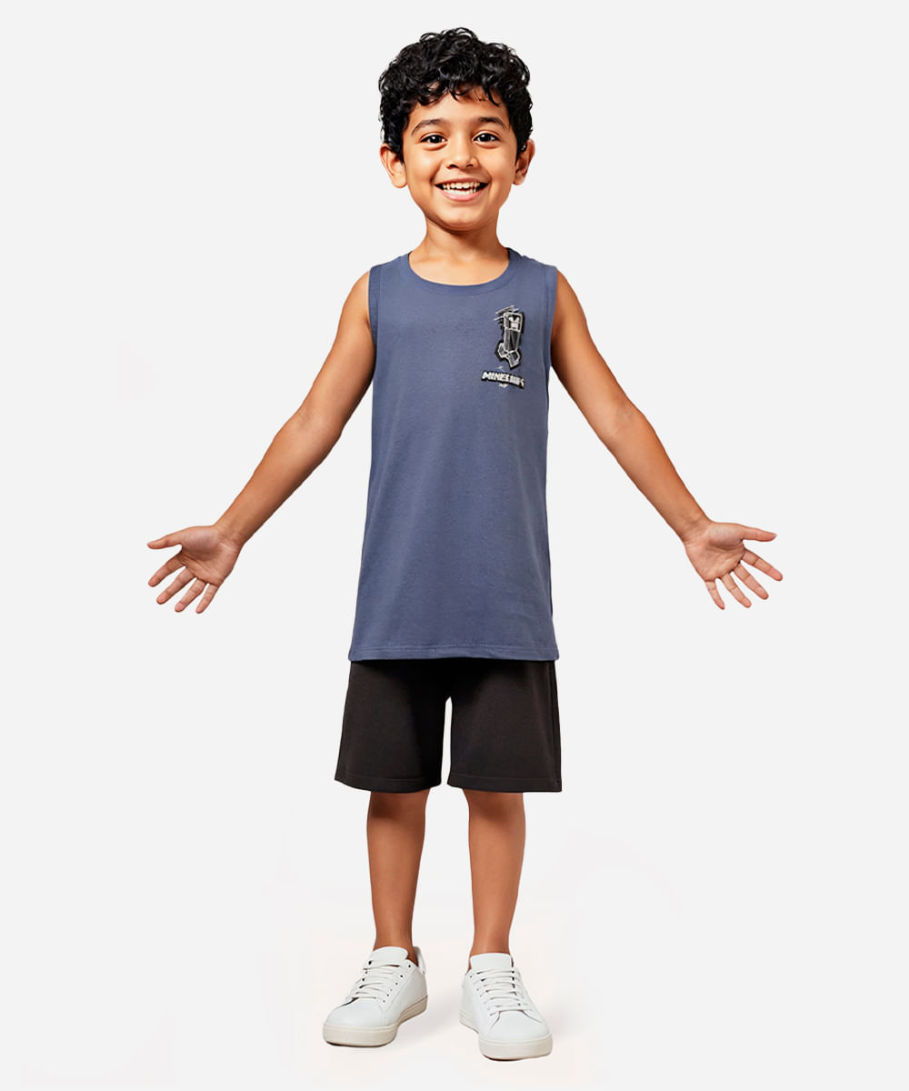 conjunto infantil de algodão minecraft regata e short azul