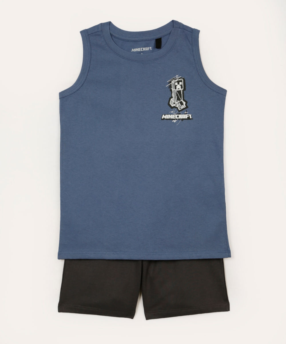 conjunto infantil de algodão minecraft regata e short azul