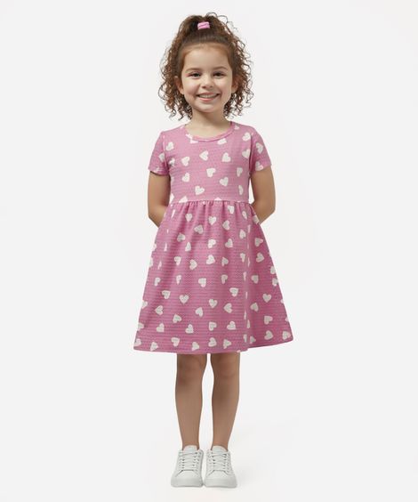 vestido midi infantil corações texturizado rosa