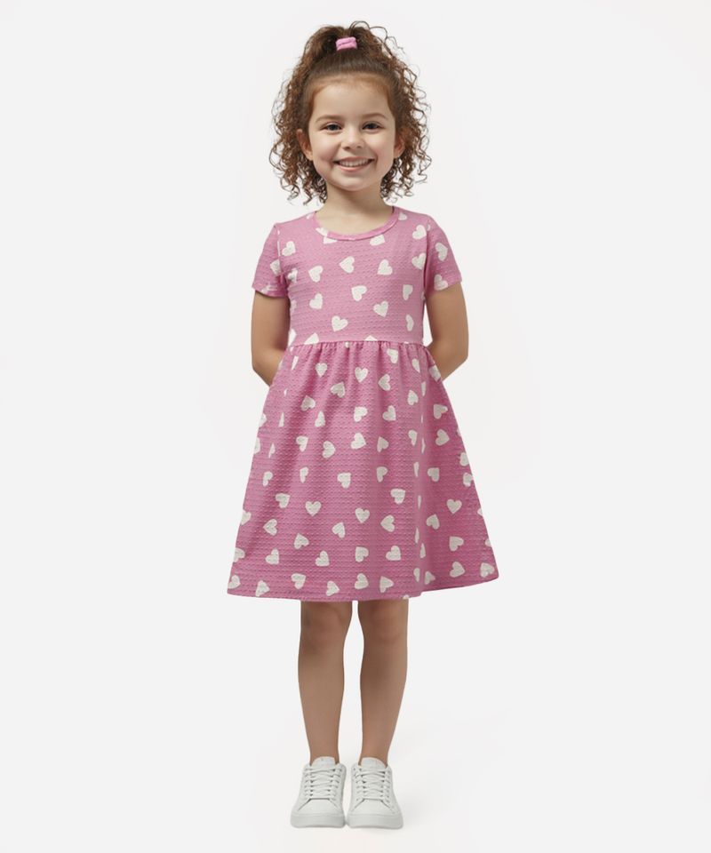 vestido midi infantil corações texturizado rosa