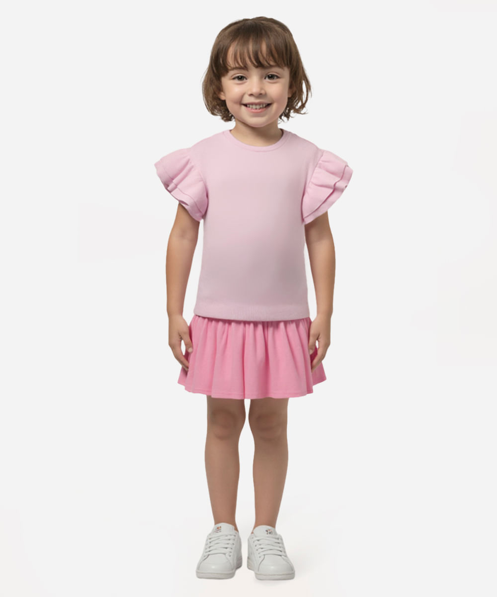 blusa infantil manga curta babados rosa