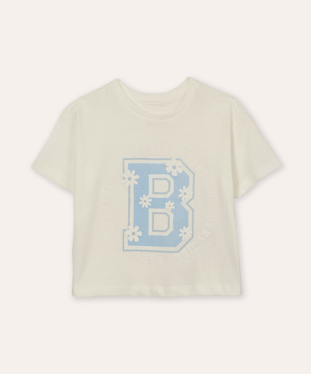 camiseta de algodão infantil manga curta floral off white