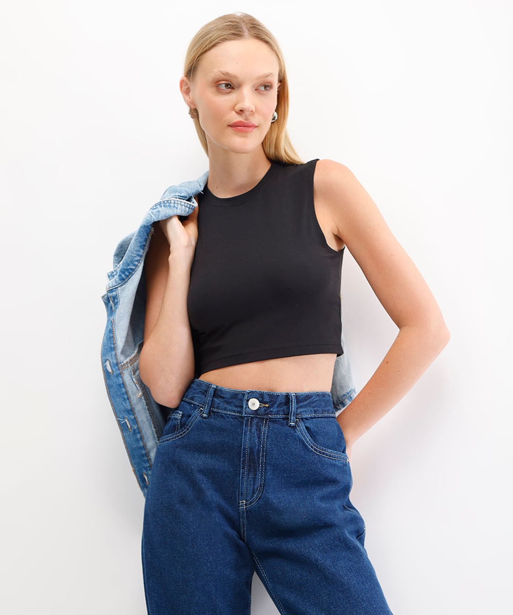 cropped básico feminino de algodão peruano preto