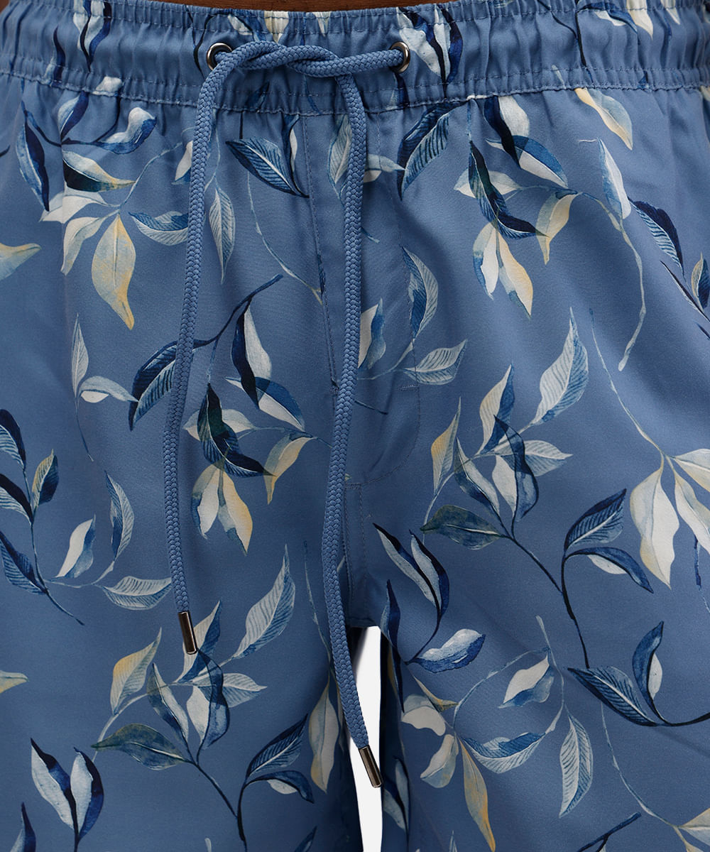 short reto masculino cós com cordão folhagem azul