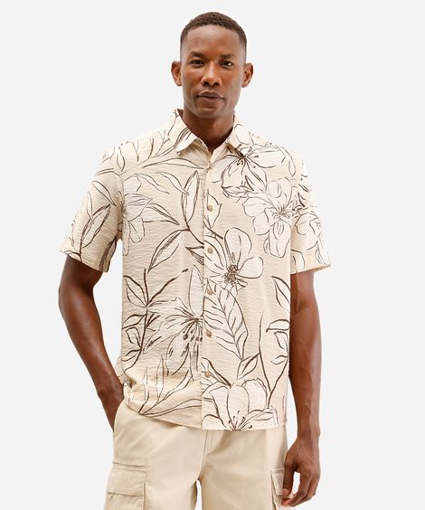 camisa comfort masculina de viscose floral bege