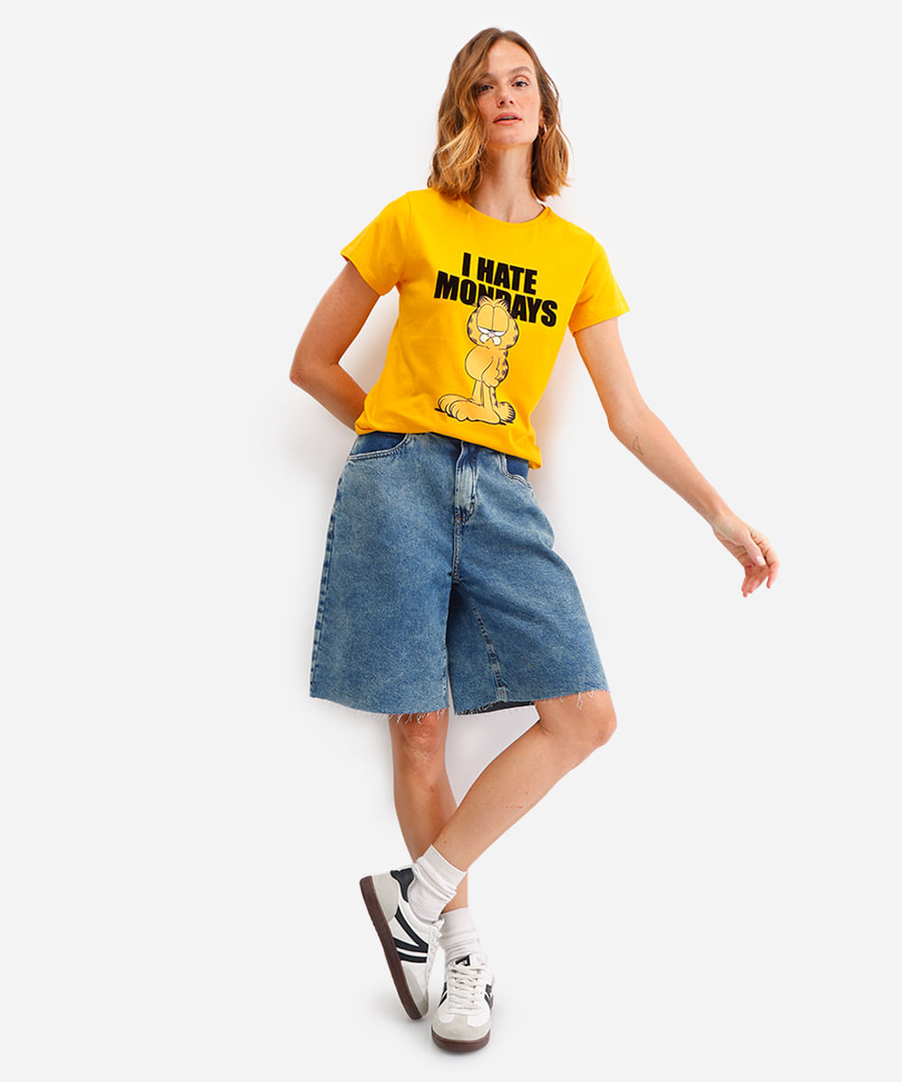 camiseta feminina de algodão garfield amarela