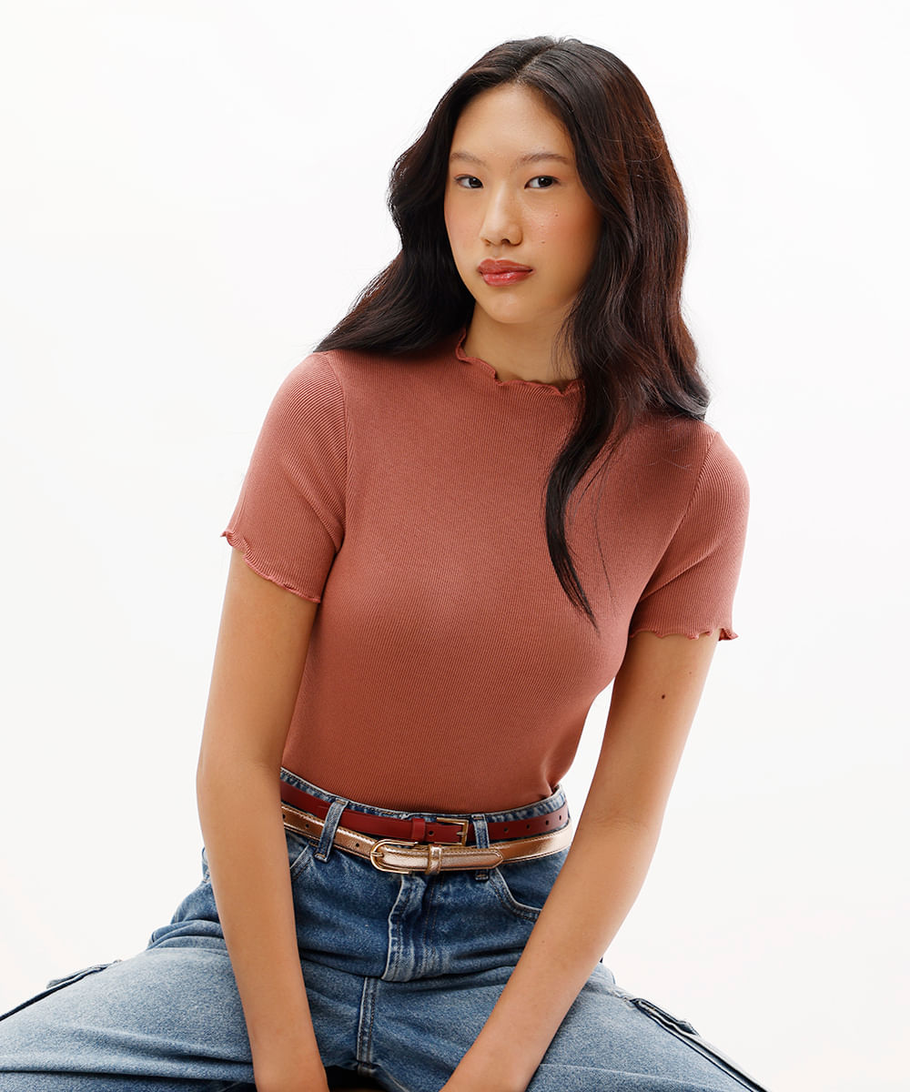 camiseta feminina de viscose com fru fru canelada rosa