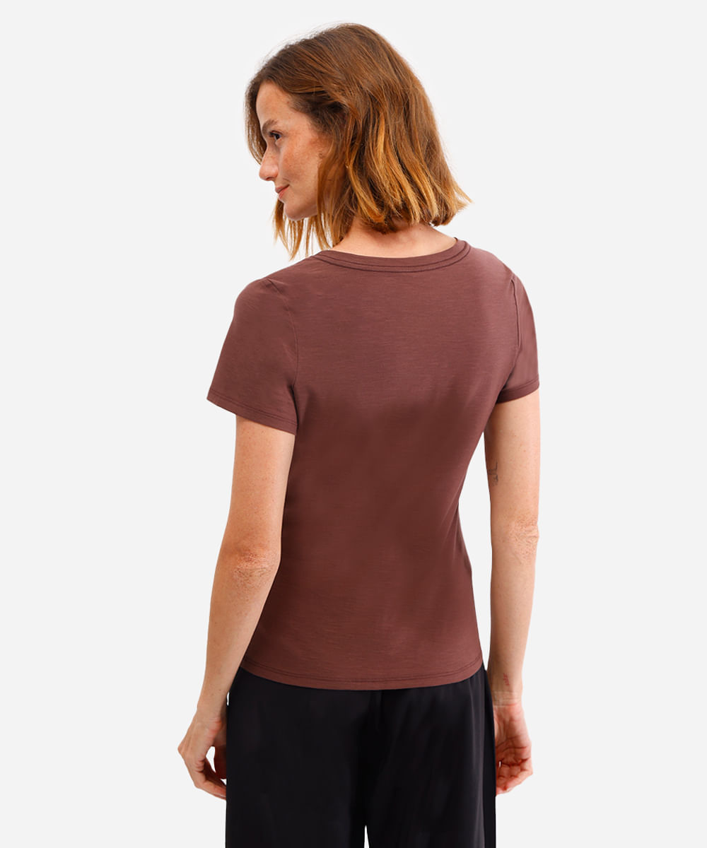 blusa básica manga curta decote v marrom