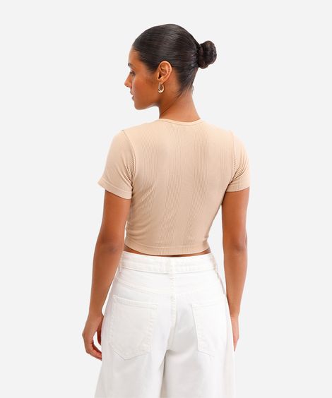 cropped básico feminino de poliamida canelado bege