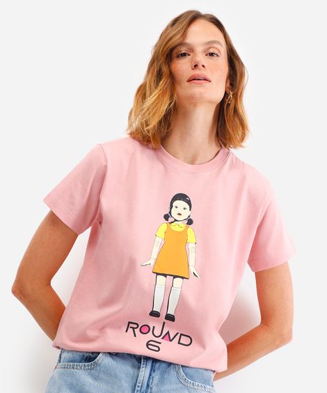 camiseta feminina de algodão round 6 rosa