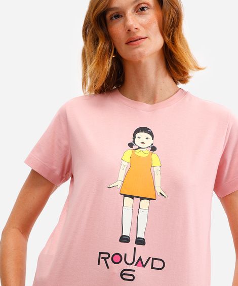 camiseta feminina de algodão round 6 rosa