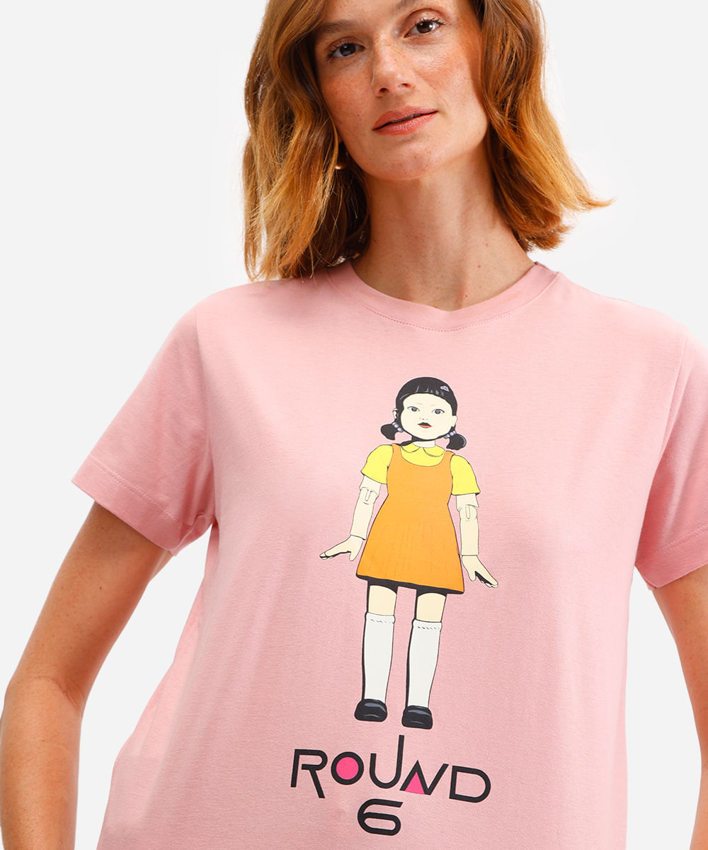 camiseta feminina de algodão round 6 rosa