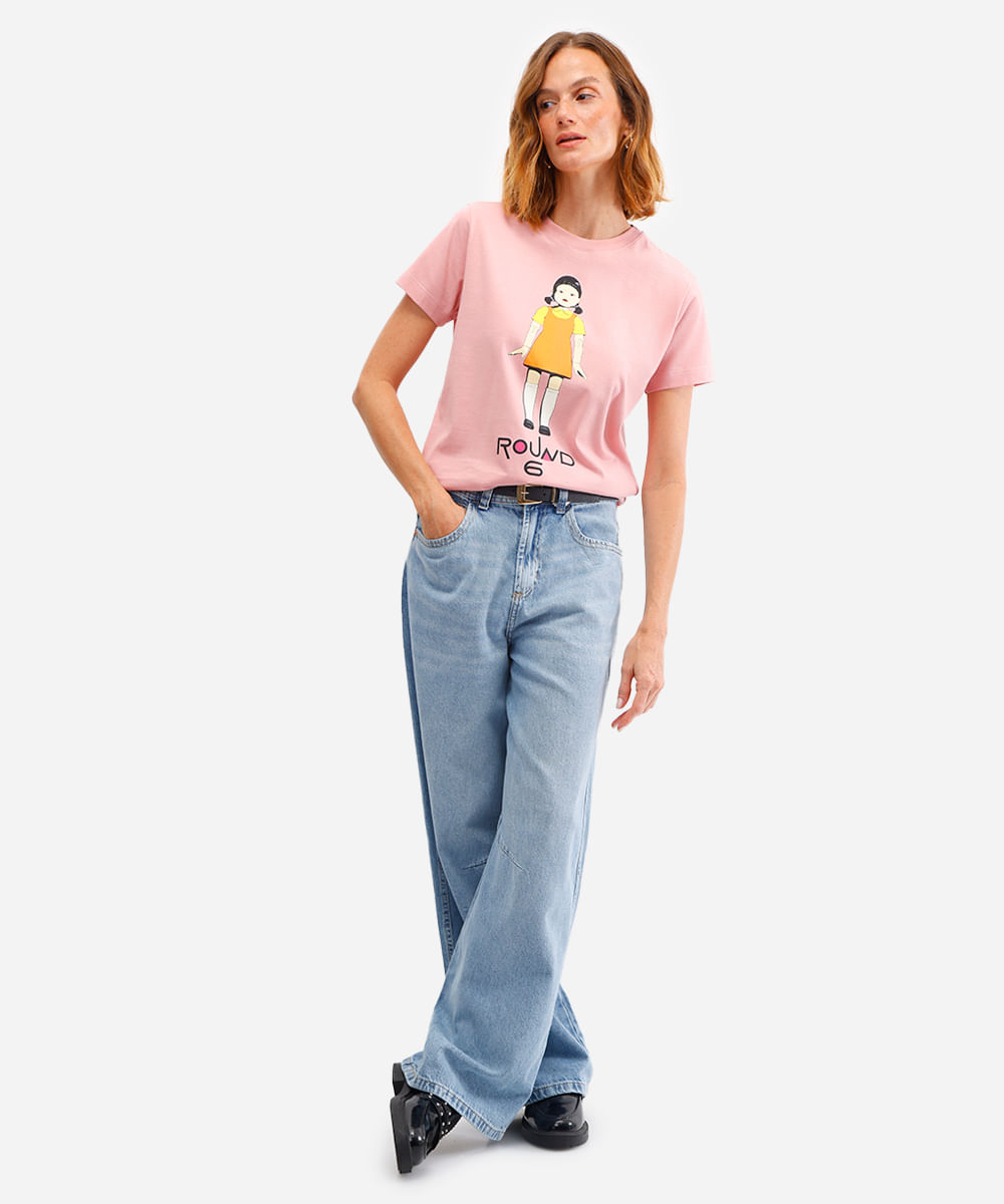 camiseta feminina de algodão round 6 rosa