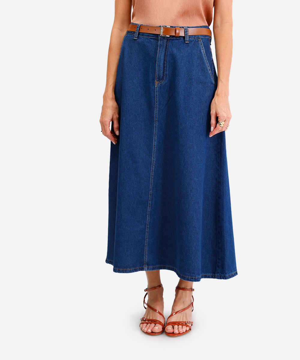 saia longa feminina jeans com cinto azul