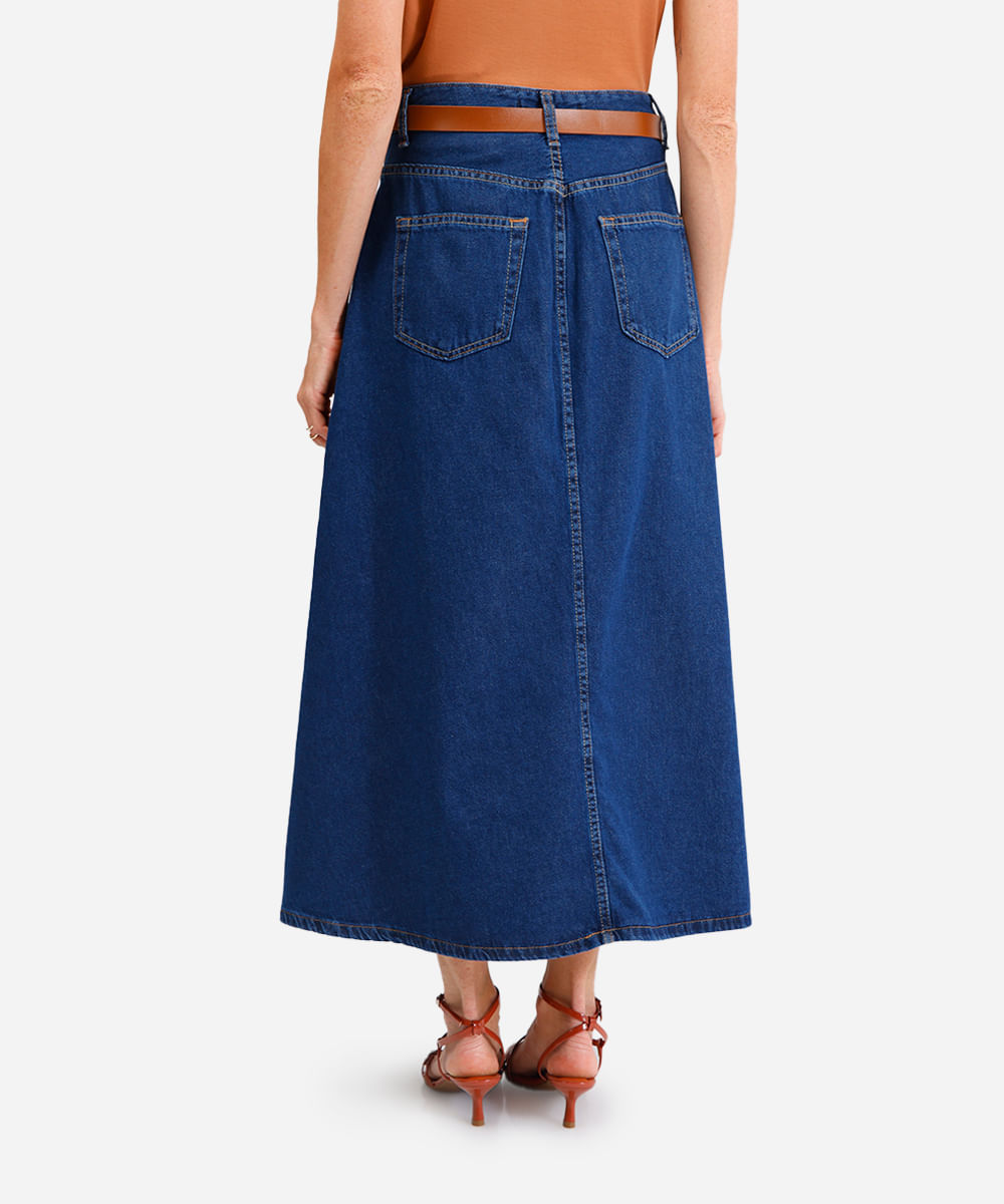 saia longa feminina jeans com cinto azul