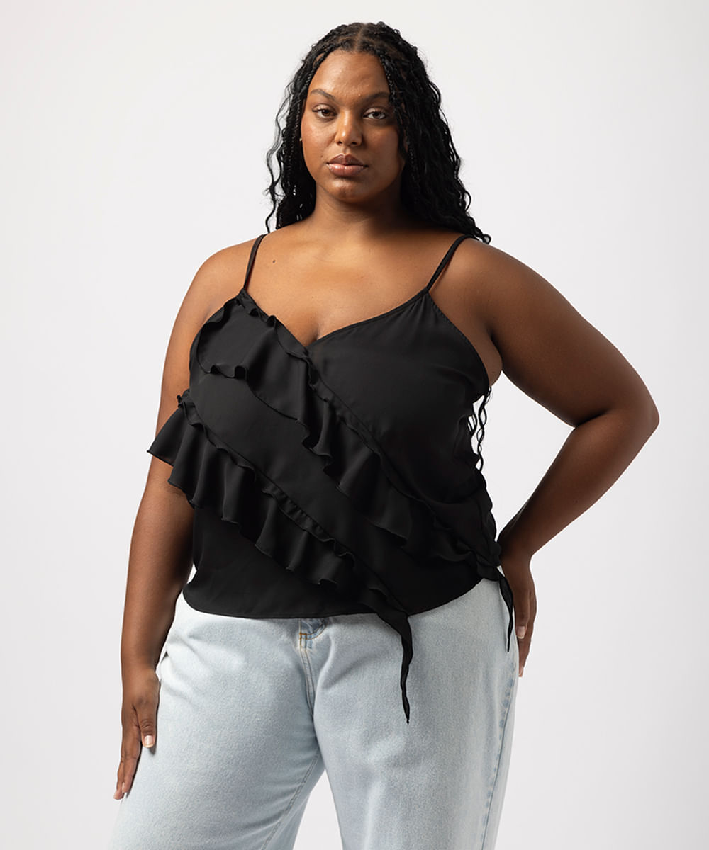 regata feminina com babados mindset plus size preta