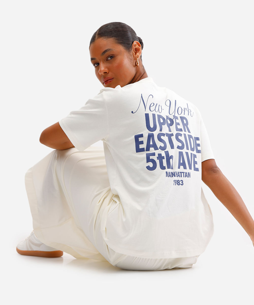 camiseta feminina de algodão peruano new york off white