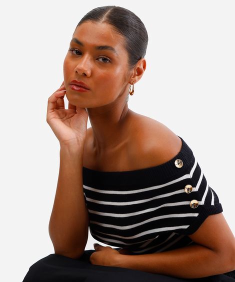 cropped feminino de tricot ombro a ombro listrado preto