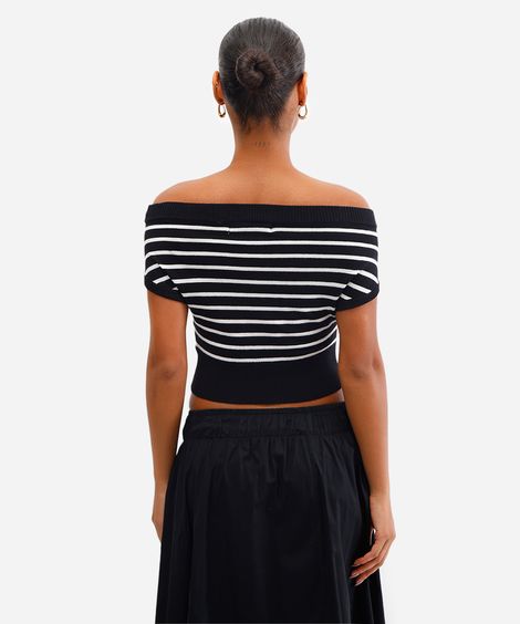 cropped feminino de tricot ombro a ombro listrado preto