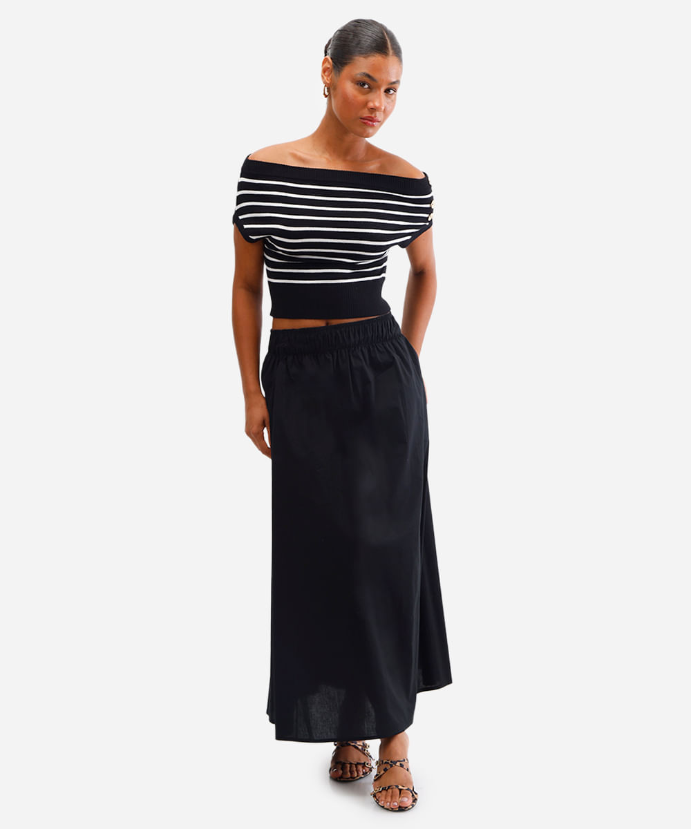 cropped feminino de tricot ombro a ombro listrado preto