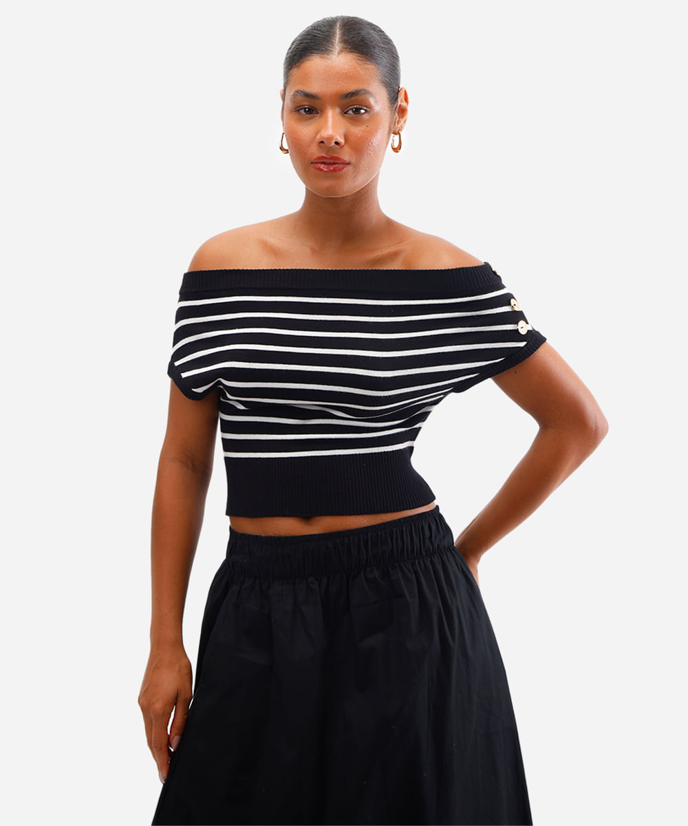 cropped feminino de tricot ombro a ombro listrado preto