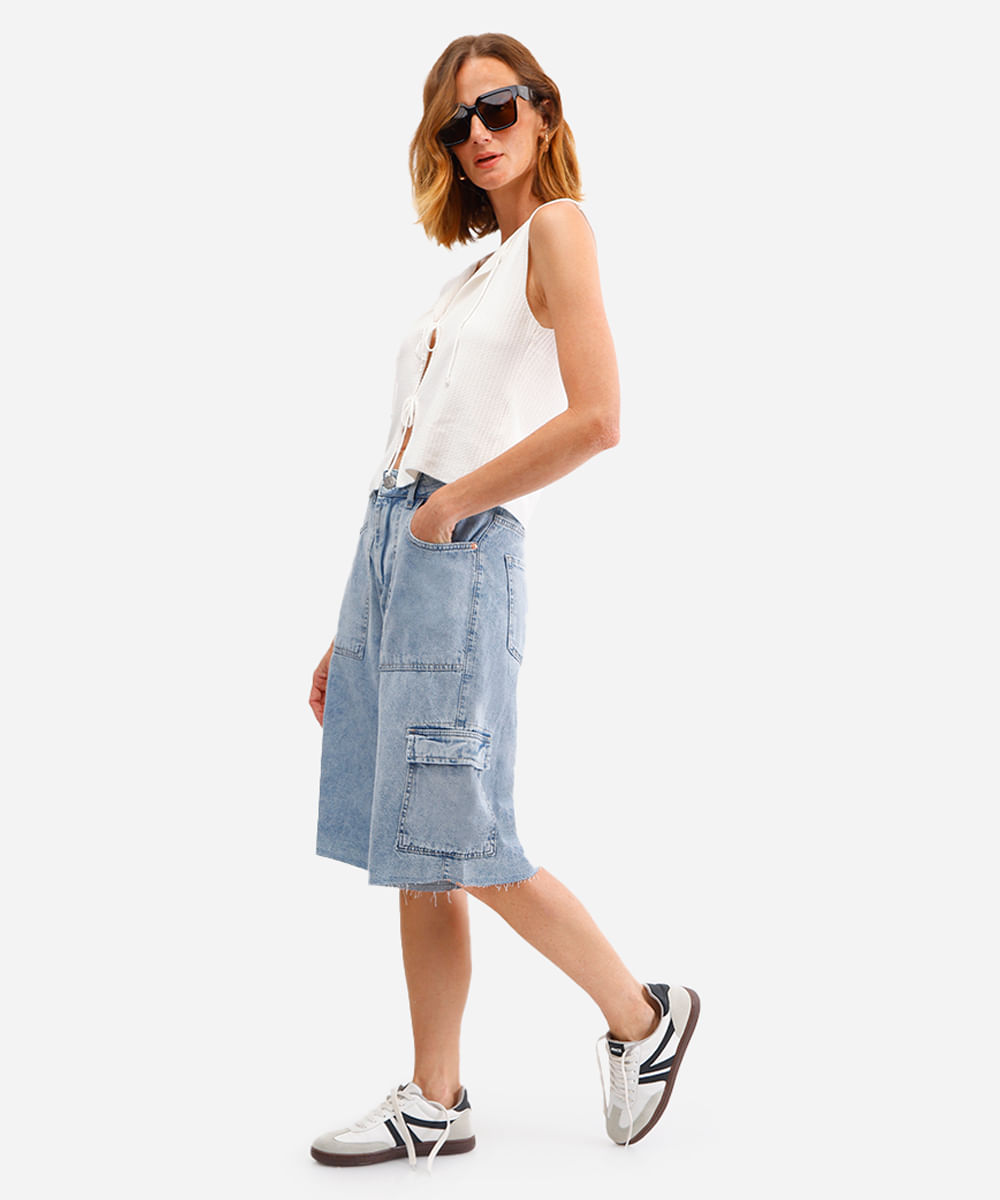 bermuda jorts feminina com bolsos cargo azul