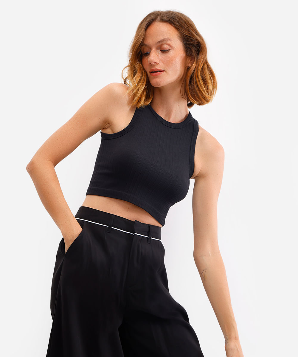 cropped feminino de poliamida canelado preto