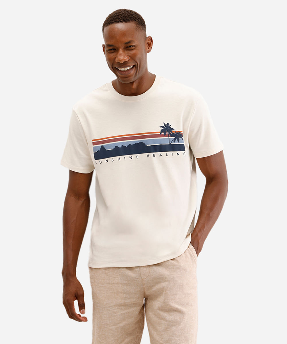 camiseta comfort masculina de algodão sunshine healing bege