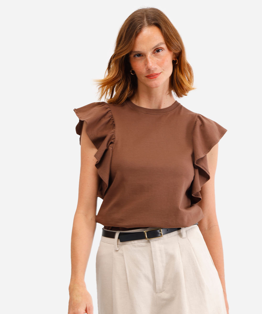 blusa feminina de algodão com babados marrom